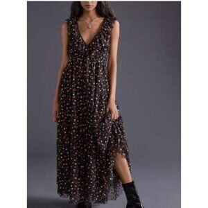 Anthropology Maeve Soraya Shimmer Polka Dot Black Maxi Dress Tulle Tired Size 10